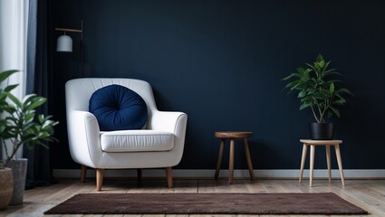 Interior scene with white armchair, blue cushion, and plants against a dark blue wall backdrop