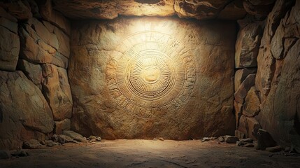 Ancient stone wall with intricate carvings and mystical aura.