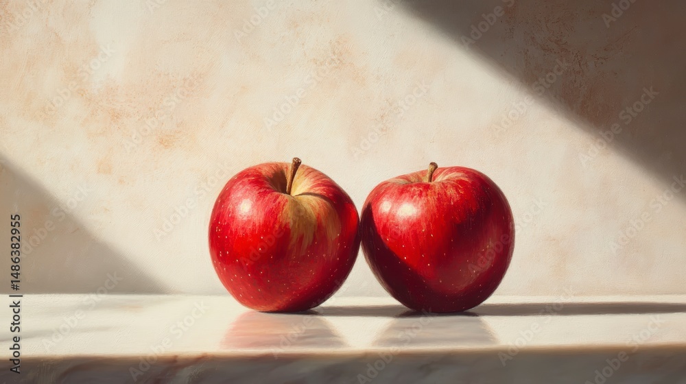 Poster two ripe red apples on a marble surface, illuminated by sunlight.