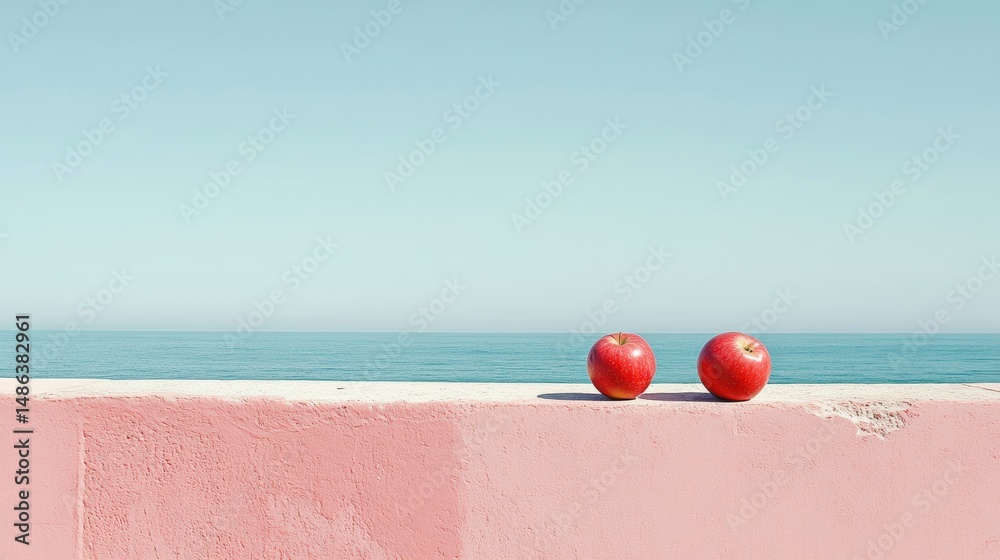 Poster two red apples rest on a pink wall overlooking a calm ocean under a clear sky.
