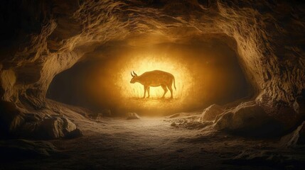 Fototapeta premium Mystical cave with a glowing silhouette of a deer.