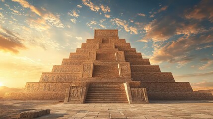 Fototapeta premium Ancient pyramid under a dramatic sky at sunset.