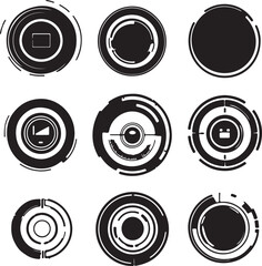 Futuristic Tech Interface Icons: Black Circles with Data Elements