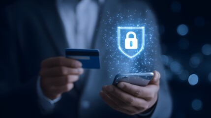 Businessman using a smartphone for a secure digital transaction with a glowing lock icon symbolizing data protection and cybersecurity