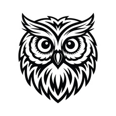 Striking Black and White Owl Head Design with Intricate Feather Details on White Backdrop