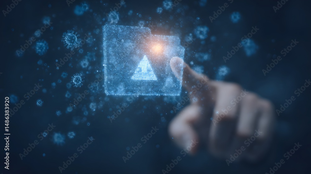 Poster conceptual image of a futuristic holographic digital technology interface with interactive security 