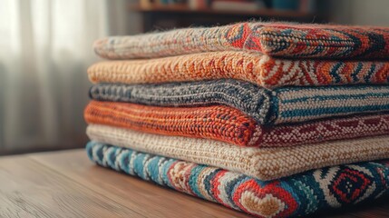 Stacked colorful blankets on a wooden table near a window.