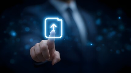 A man s hand interacting with a glowing futuristic digital interface featuring a technology icon symbolizing innovation cybersecurity and digital solutions