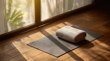 Yoga mat on hardwood floor with towel, morning light through curtains - Serene simplicity for mindful mornings