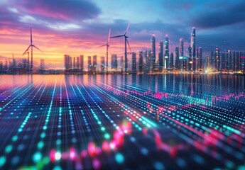 Futuristic cityscape with digital network overlay at sunset.  Wind turbines and modern buildings are reflected on a vibrant digital grid of light, representing energy and technology convergence