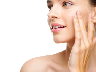 Beautiful young woman applying facial cream for skincare routine on clear white background