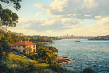 Fototapeta premium Breathtaking view from Bottle and Glass Point lookout showcasing Sydney Harbour with boats and skyline, Bottle and Glass point lookout in Sydney Harbour inlet