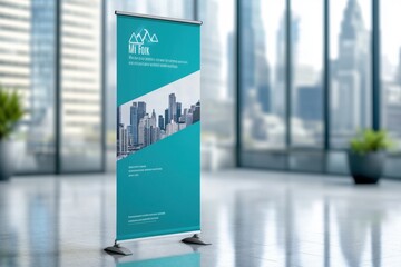 Corporate roll up banner featuring modern design in urban office setting, Corporate roll up banner, with a sophisticated design, ideal for trade shows and business seminars