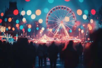 Crowd enjoys vibrant night festival with lights, attractions, and a ferris wheel, Crowd of people enjoying a night festival with vibrant lights and a ferris wheel