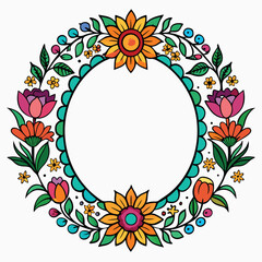Colorful Floral Wreath with Leaves and Berries, Whimsical Flowers, Round Shape