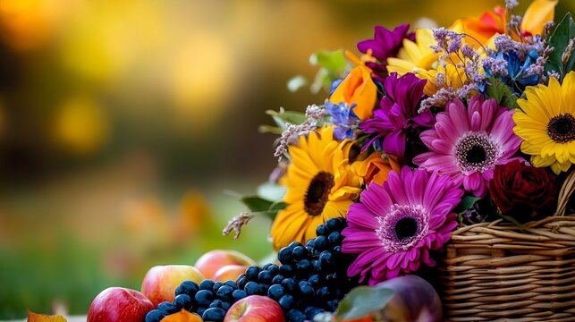 Flowers and fruits are arranged in a basket outdoors with blurred greenery in the background.