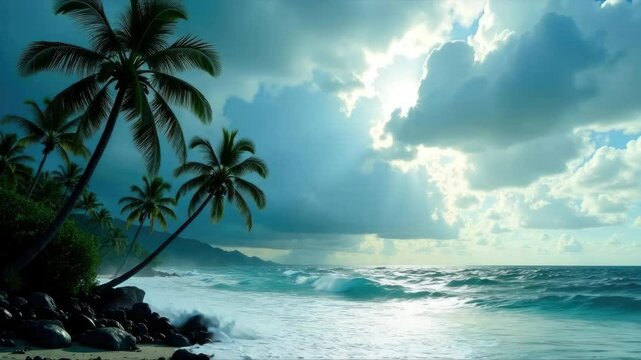 Bunny Spot beach near Rinc&oacute;n Puerto Rico, beautiful tropical beach with plams during dusk and sunset, cloudy, coconut palm trees