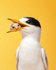 Bird with a smaller bird in its beak against a bright yellow background