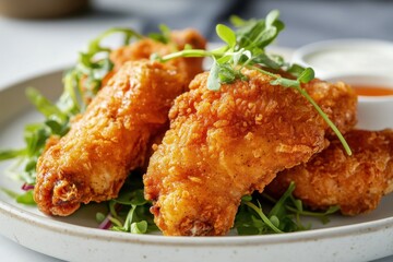 Fototapeta premium Crispy fried chicken pieces served with flavorful sauce on a bed of fresh greens, Crispy fried chicken pieces with sauce, garnished greens