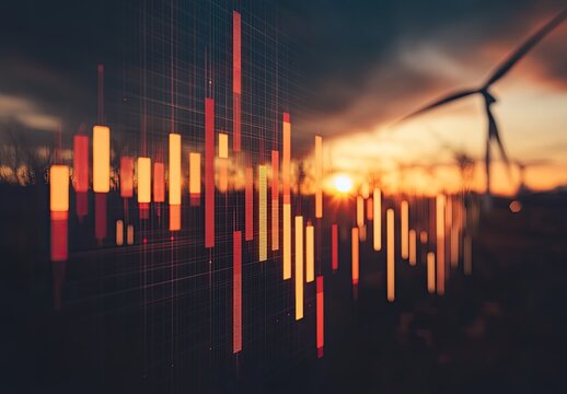 Sunset over wind farm, overlaid with financial charts.  Stock market data and renewable energy combine in a dramatic image