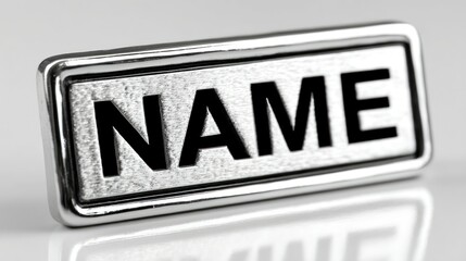 A metallic nameplate with bold text ideal for business identification and customization purp
