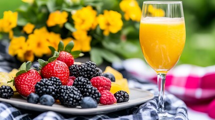 Fresh berries are arranged with a tall glass of orange juice on a picnic blanket outdoors.