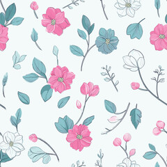 Repeating Floral Pattern With Pink And Blue Flowers, Green Leaves, And Sketched Floral Elements On A White Background. 