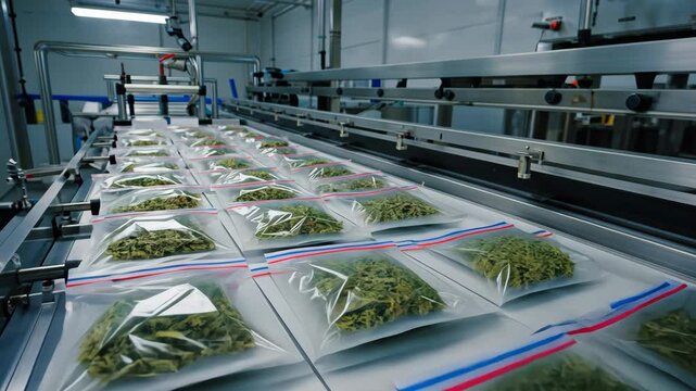 Cannabis Buds Sealed in Plastic Bags on Conveyor Belt in Processing Facility