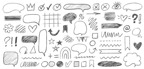 Crayon Doodle Set with Hand-Drawn Speech Bubbles, Marks and Chalk Elements on Black Board.