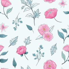 A Repeating Pattern Of Pink Flowers And Blue-Green Leaves On A White Background.
