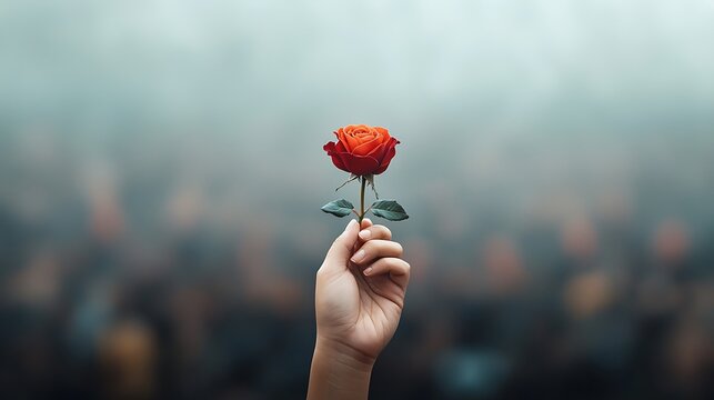 Hand holding a vibrant red rose against a blurry crowd and foggy background - Powered by Adobe