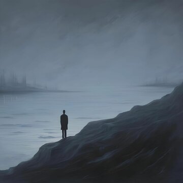 A gloomy painting depicting loneliness - a man standing alone on a cliff looking at the sea