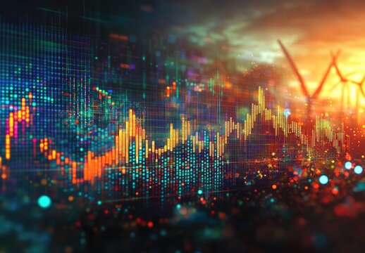 Digital chart overlaying cityscapes and wind turbines at sunset, showcasing market trends - Powered by Adobe