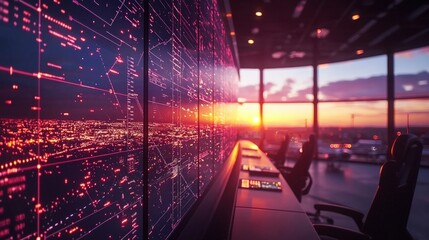 Advanced Air Traffic Operations Center with Augmented Reality Displays Showcasing Real-Time Data and Cityscape at Dusk