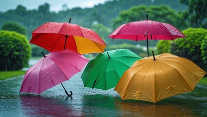 A colorful array of umbrellas sheltering from the rain on a wet day in a park setting outdoors