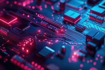 Obraz premium Closeup of a glowing red and blue circuit board showcasing intricate electronic pathways and components, Closeup image of glowing circuit board in red and blue colors, indicating technology