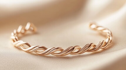 Fototapeta premium Elegant rose gold twisted bracelet on beige fabric