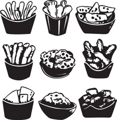 Black and White Food Illustration Set: Fries, Snacks, Appetizers