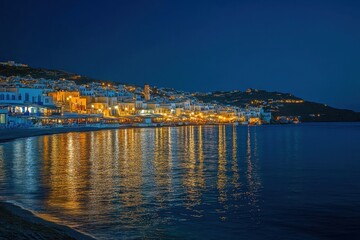 Fototapeta premium Nighttime illumination of Mykonos waterfront showcasing vibrant city lights reflecting on calm waters, City lights and illumination of Mykonos island in Greece in twilights of summer