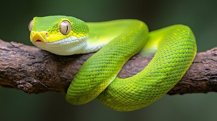 Obraz premium Green snake is coiled around a brown branch looking at the camera with large, expressive eyes.