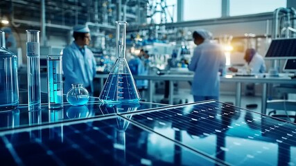 Scientists conducting experiments in a modern laboratory with solar panels and glassware in focus - Powered by Adobe