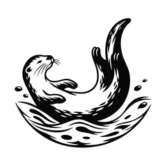 Silhouette of Playful Otter Splashing in Water, Black and White Aquatic Mammal Design
