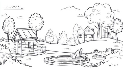 Fototapeta premium Simple black and white drawing of a landscape with a pool and house. Possible use Coloring book, educational material