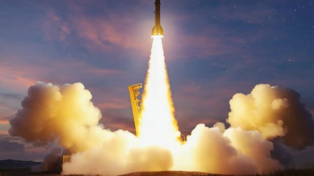 Large Missile Launching with Trail of Fire and Smoke into the Sky at Sunset