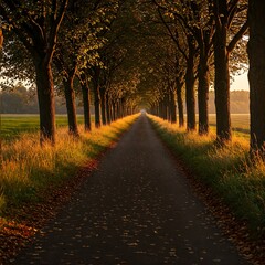 Fototapeta premium peaceful countryside road lined with falling autumn leaves and gentle warm breeze through tall grass.jpg