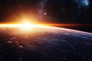 Dazzling neon sunrise over Earth illuminating the horizon with vibrant colors and celestial beauty, Dazzling neon sunrise over Earth, offering a unique perspective from space among stars