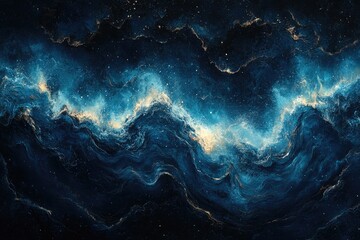 Deep space nebulae texture design in dark blues and golds.