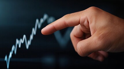Hand is pointing towards a blurry white zigzag line on a dark background, possibly indicating a stock market graph.
