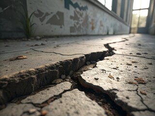 Weathered Cracked Concrete Floor with Subtle Vegetation Growth in an Abandoned Building Interior Under Natural Light