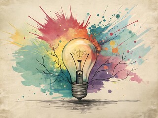 Creative Light Bulb Illustration with Vibrant Watercolor Splashes in Rainbow Colors on a Vintage Background for Artistic Inspiration and Innovation Concepts